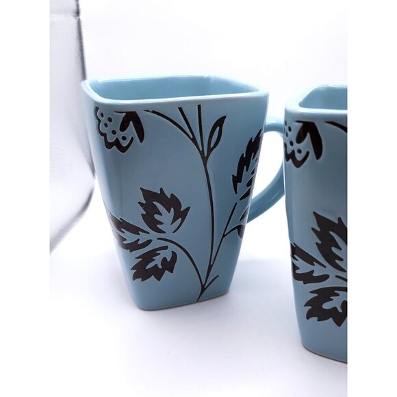 Set Of 2 Mystic Passage Blue Square Ceramic Mugs With Black Floral Design Dishwa - Picture 3 of 9